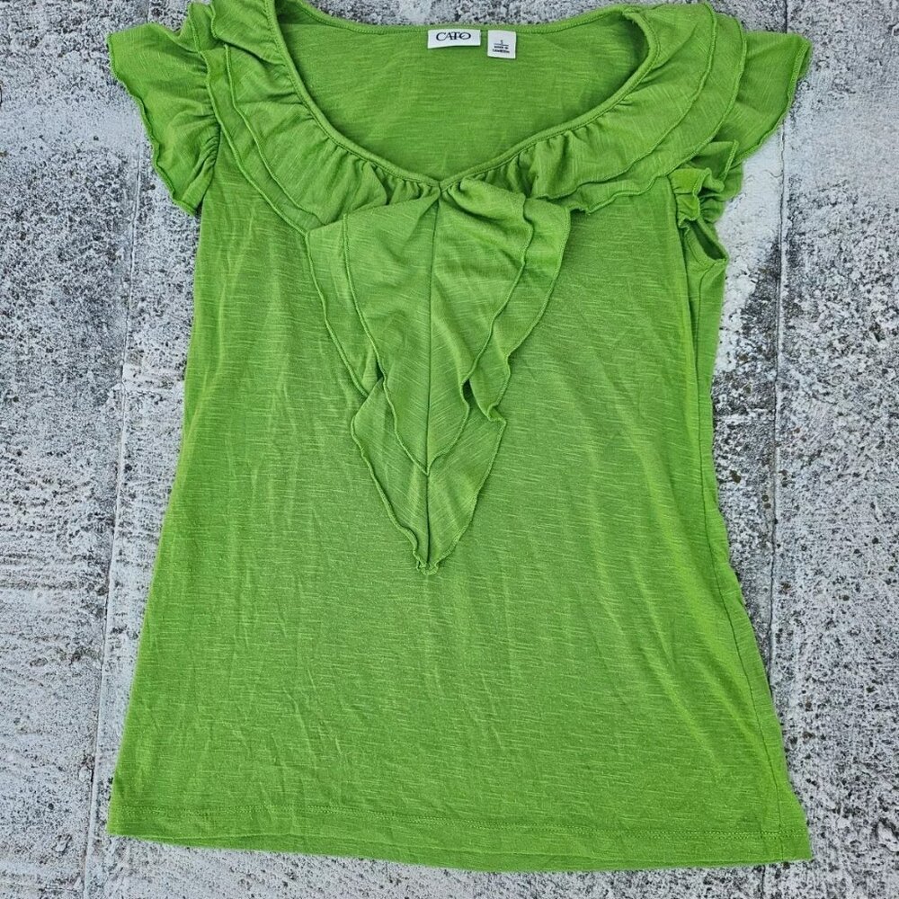 CATO Women Top Blouse Green V Neck Ruffle Shirt Size S - Picture 2 of 8